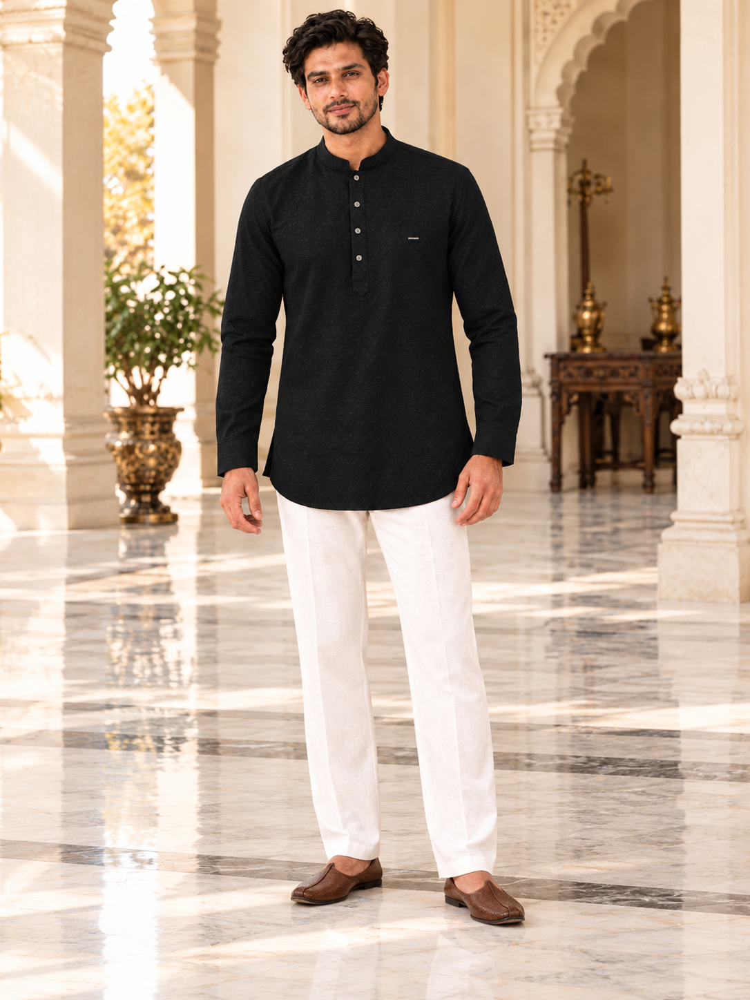 Black Textured Short Kurta for Men — full-length with white pajama