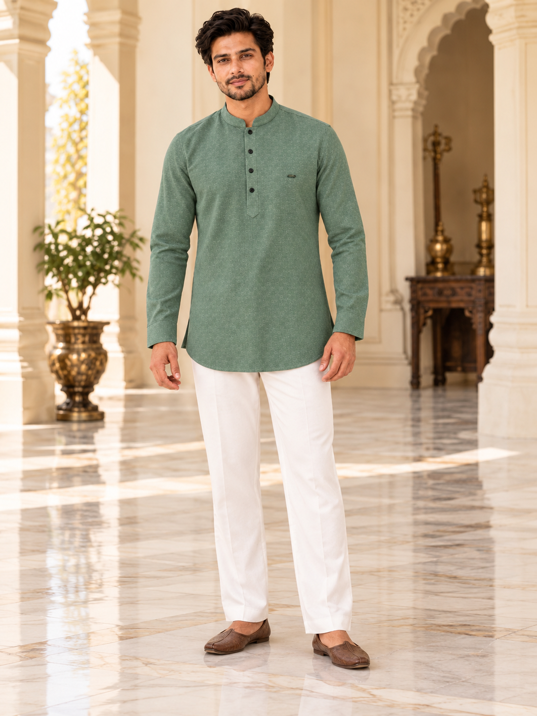 Sage Green Textured Short Kurta for Men — full-length with white pajama