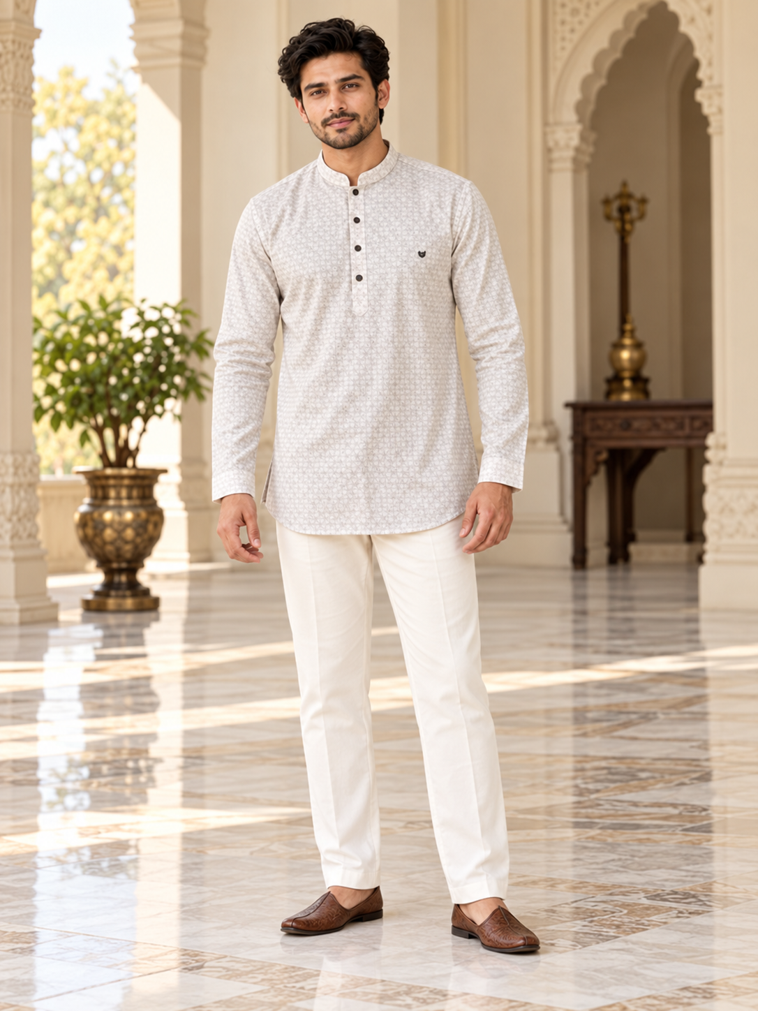 Ivory Patterned Short Kurta for Men — full-length with white pajama