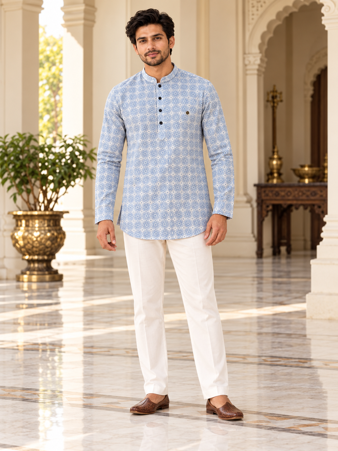 Sky Blue Medallion Print Short Kurta for Men — full-length with white pajama