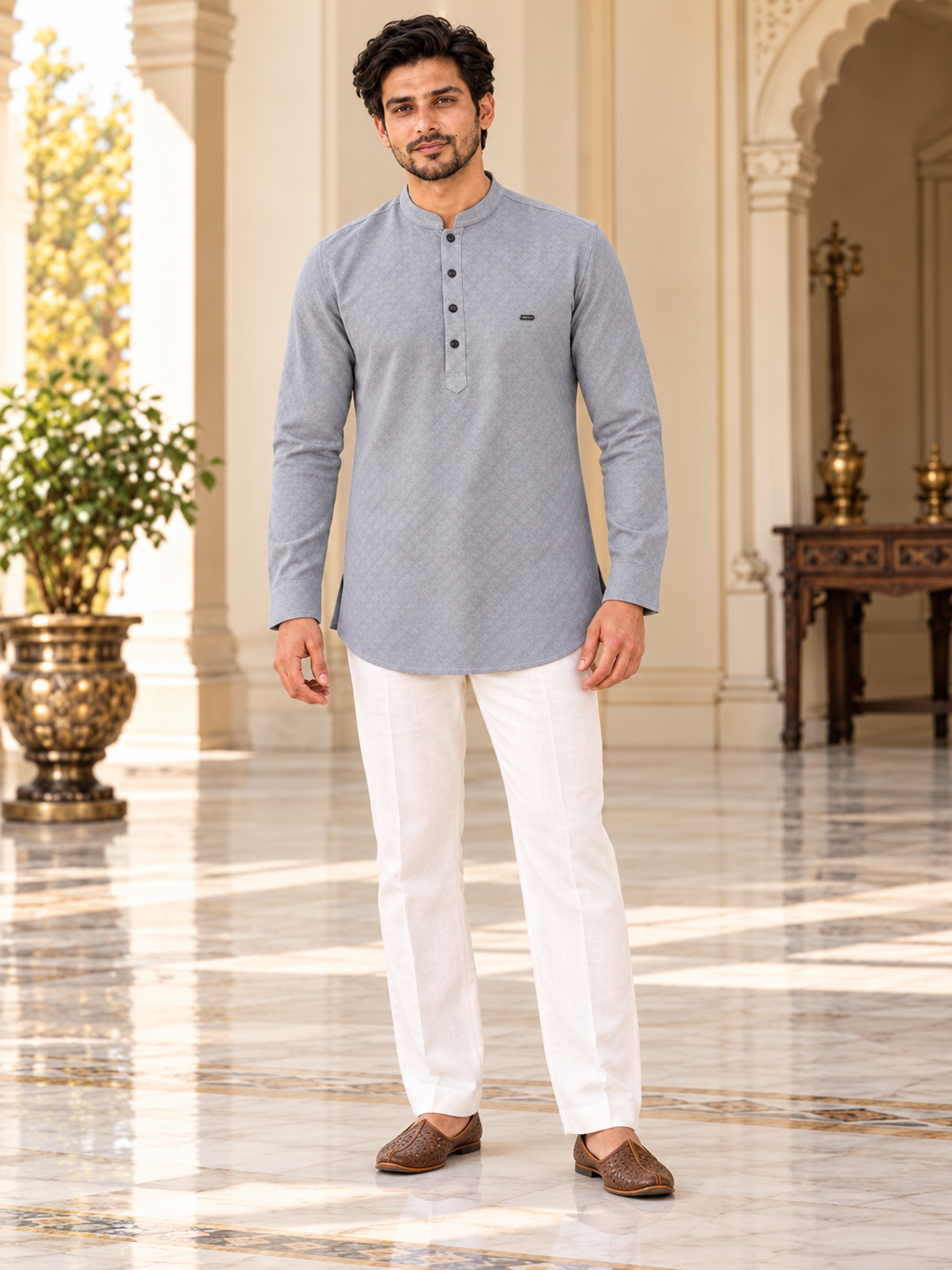 Cool Grey Textured Short Kurta for Men — full-length with white pajama