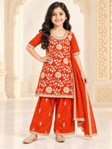 Orange embroidered girls suit on child model