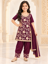 Purple Wine embroidered girls suit on child model