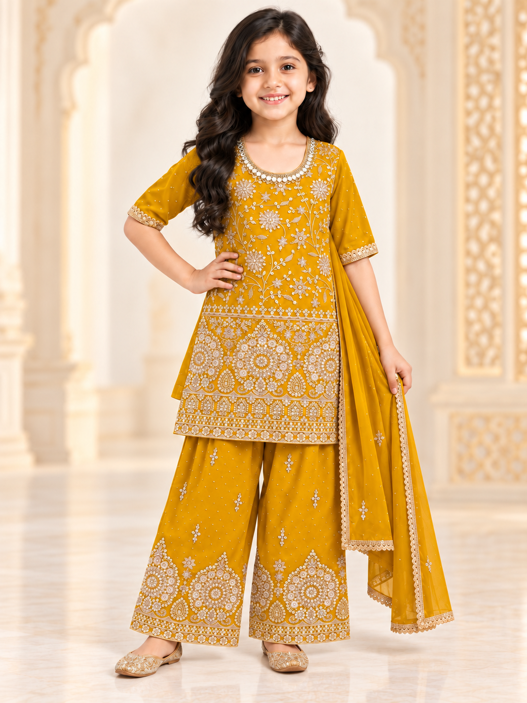 Yellow embroidered girls suit on child model