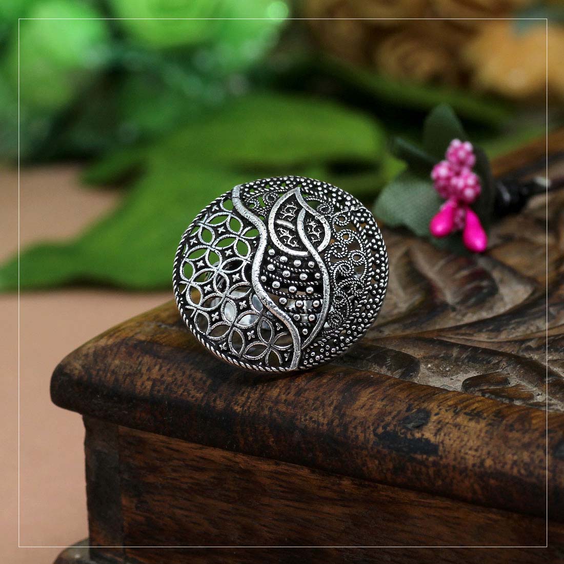 Round Silver Oxidised Ring