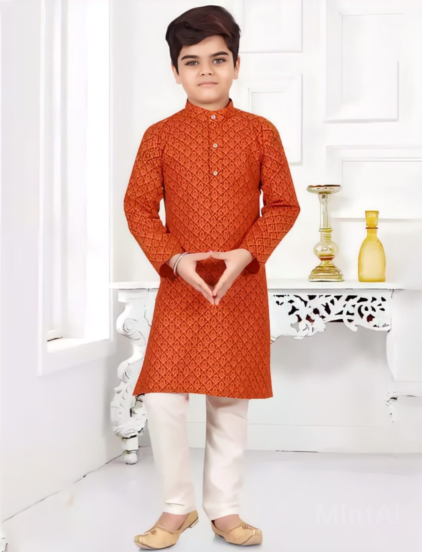 Kids Orange Cotton Kurta Pajama