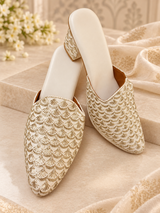 Ivory embroidered mules for women with gold pattern detailing