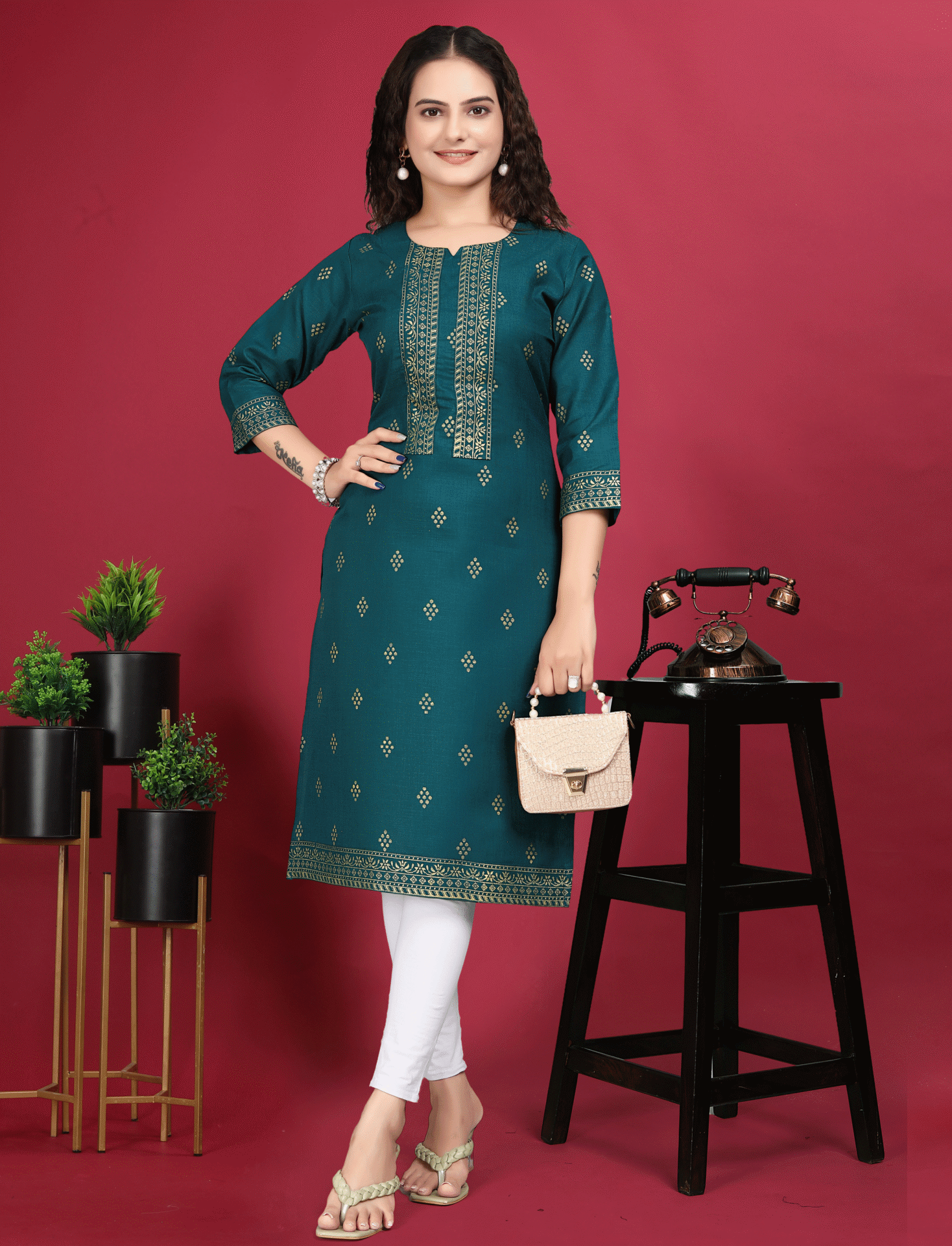Teal Cotton Printed Kurti Women