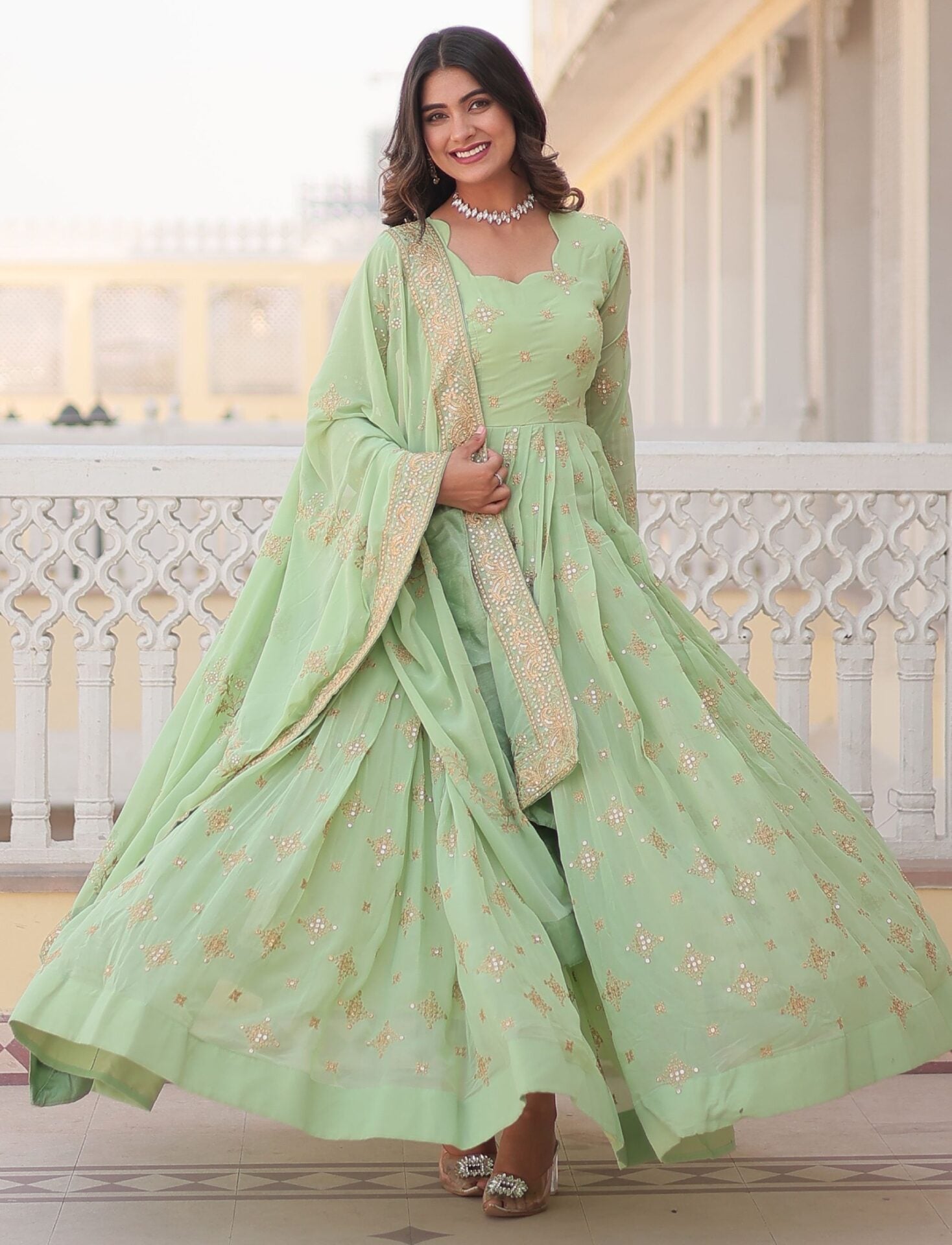 Pista Green Georgette Anarkali Gown