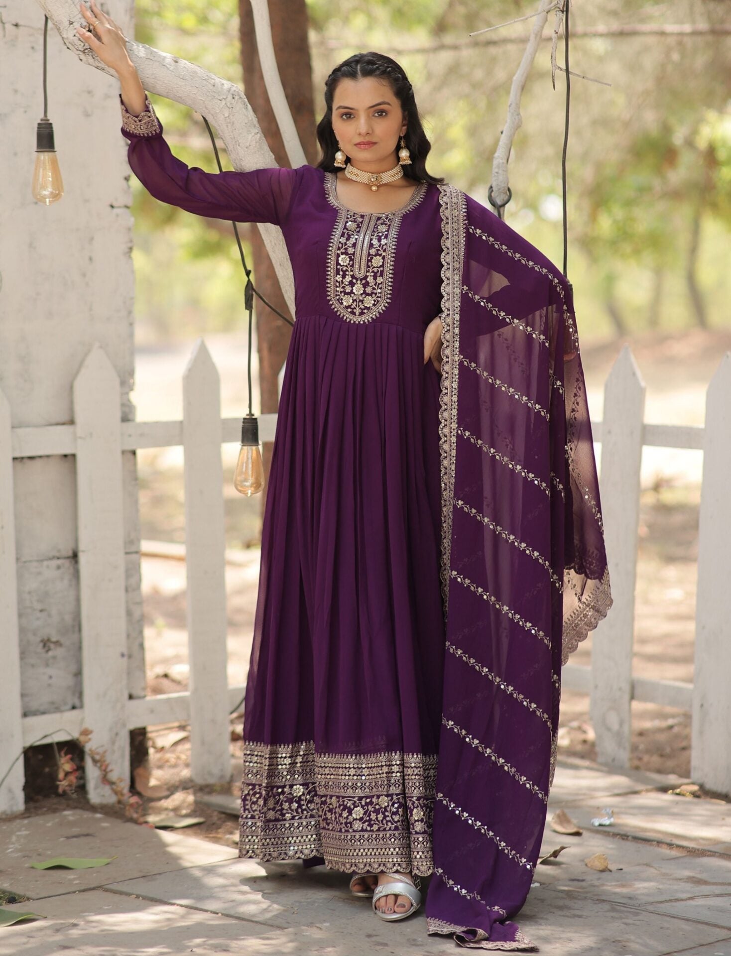 Purple Embroidery Anarkali Kurti with Dupatta