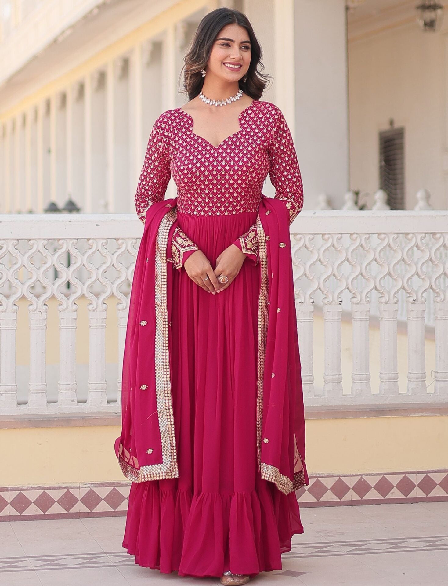 Pink Embroidered Anarkali Kurti with Dupatta