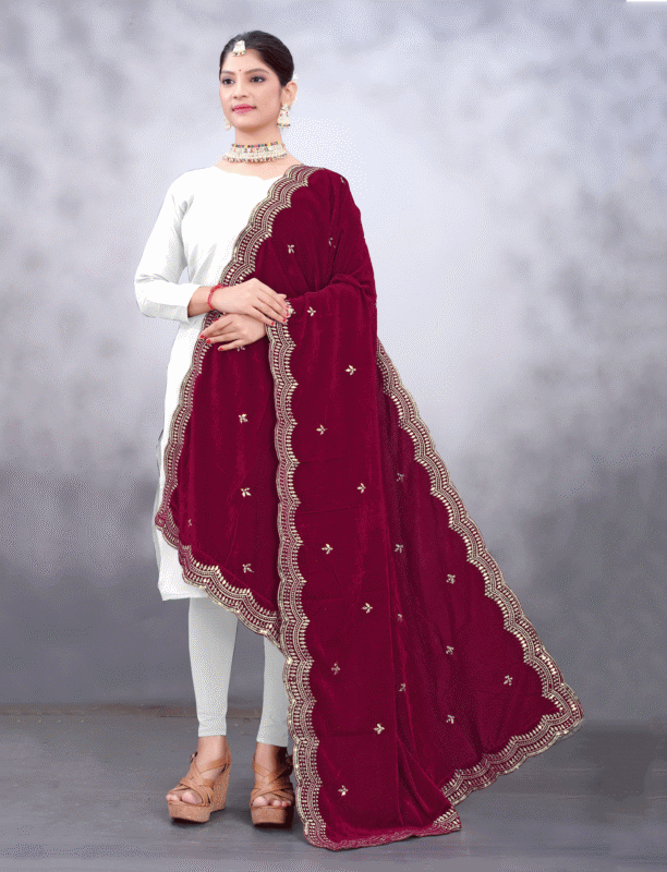Maroon embroidered velvet Dupatta