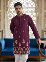 Deep wine purple men's kurta with gold embroidery