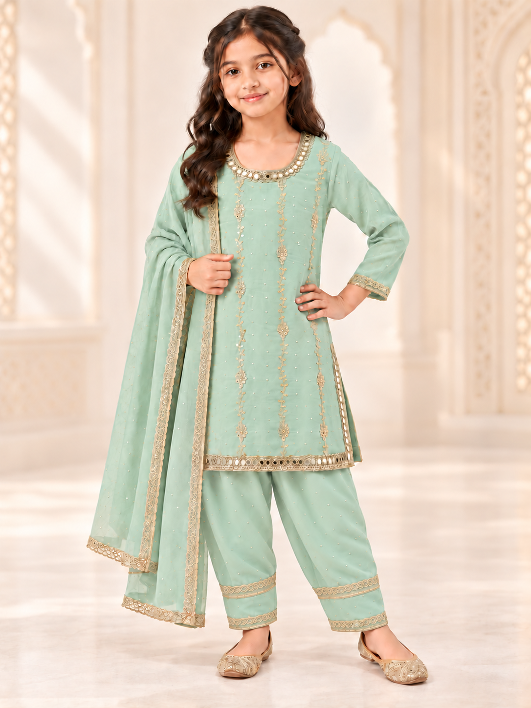 Mint green embroidered salwar suit for girls