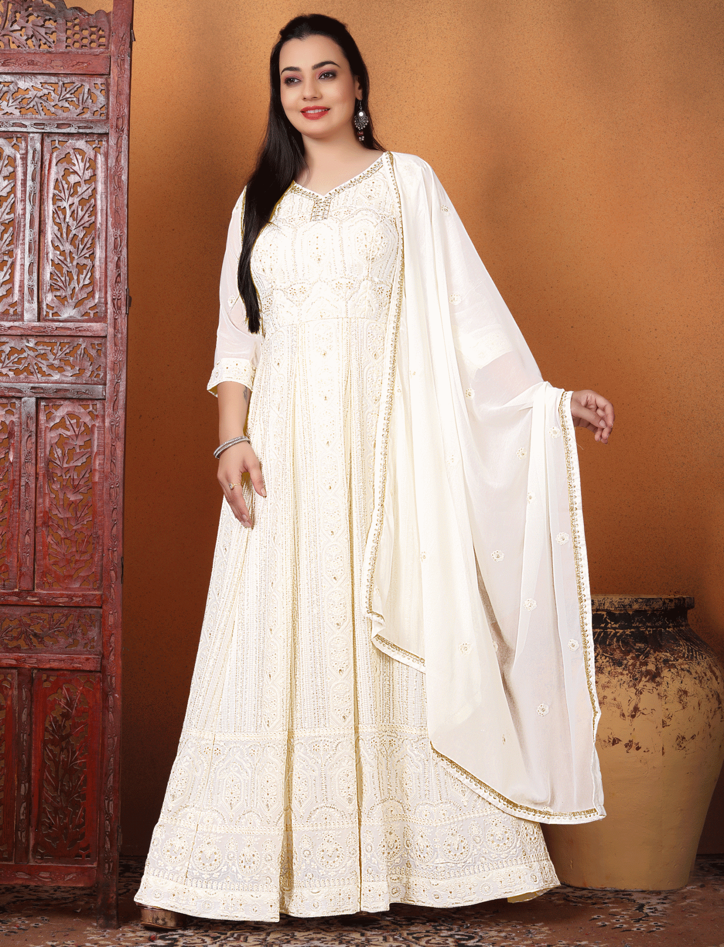 White Chikankari Anarkali Women