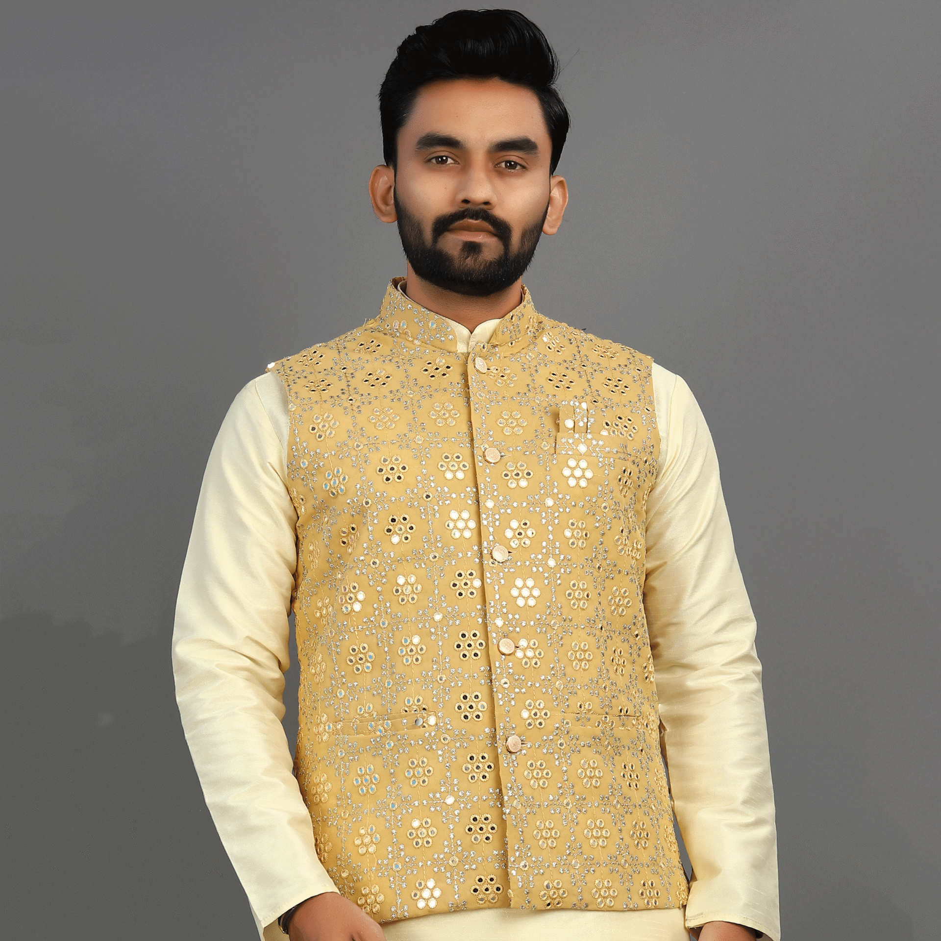 Georgette Mirror-work Nehru Jacket Mens