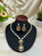 Elegant Pearl & Stone Drop Neacklace With Earrings