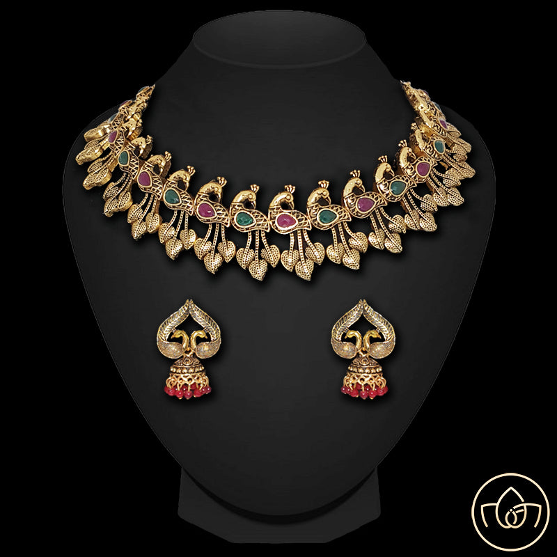 Oxidised golden necklace set with earrings