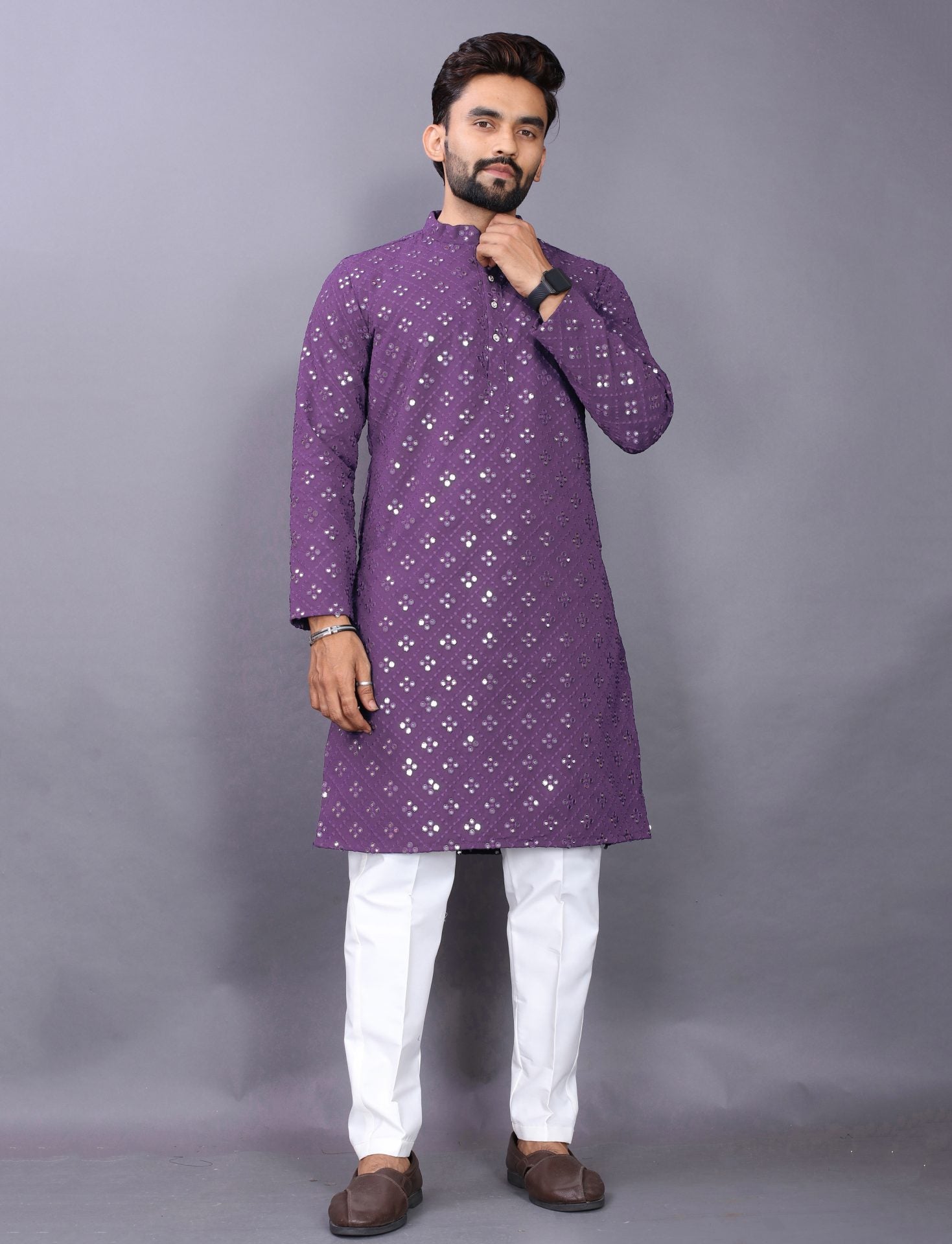 Men Purple Mirror Kurta Pajama