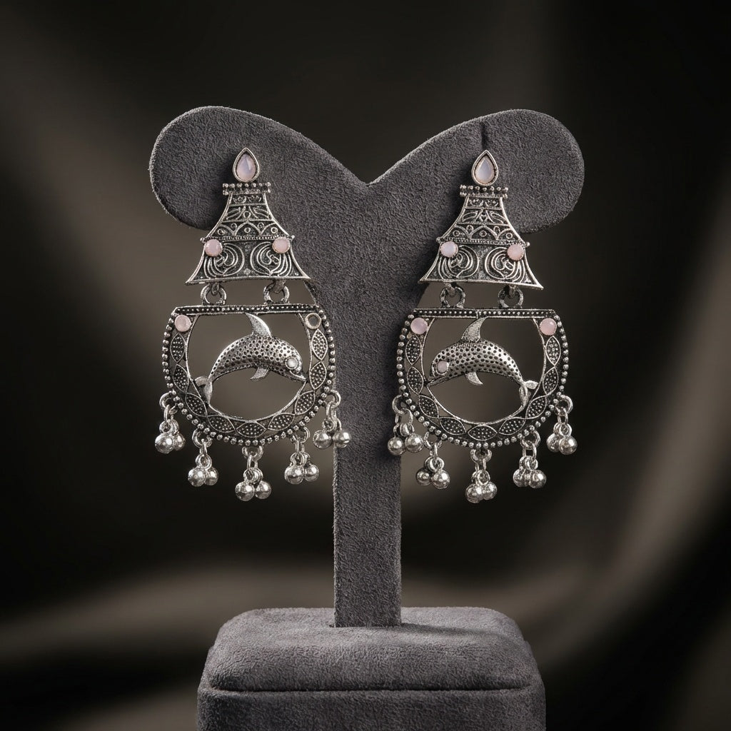 Pair of silver earrings with dolphin design on a gray stand against a dark background