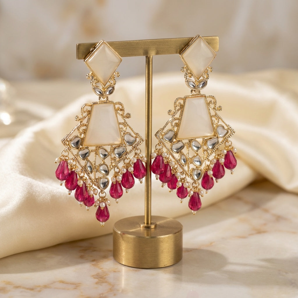 Gold and red earrings on a gold stand with a soft beige background