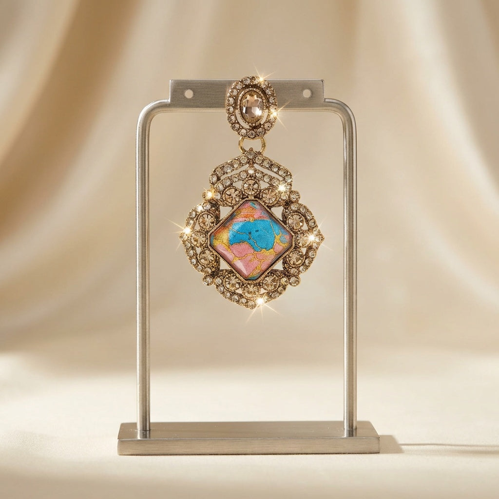 Decorative hanging ornament with colorful design on a stand against a beige background