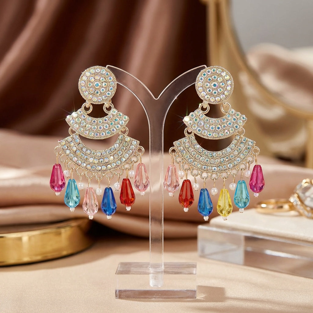 Colorful earrings with gemstones on a clear stand against a soft background