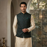 Green Jacqurd Nehru Jacket