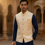 Man wearing a cream embroidered vest over a blue shirt in an architectural setting