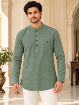 Sage green textured short kurta for men