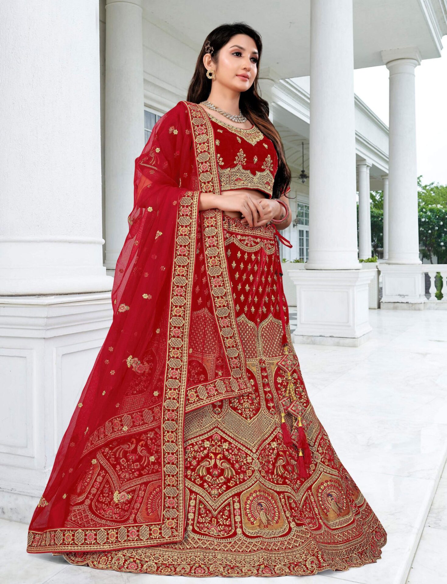 Velvet Resham Red Bridal Lehenga Choli - Image 2