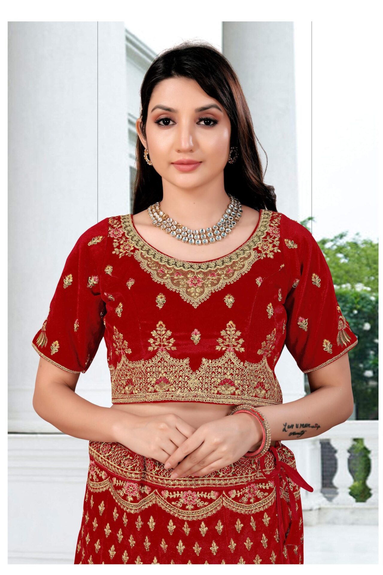 Velvet Resham Red Bridal Lehenga Choli - Image 3