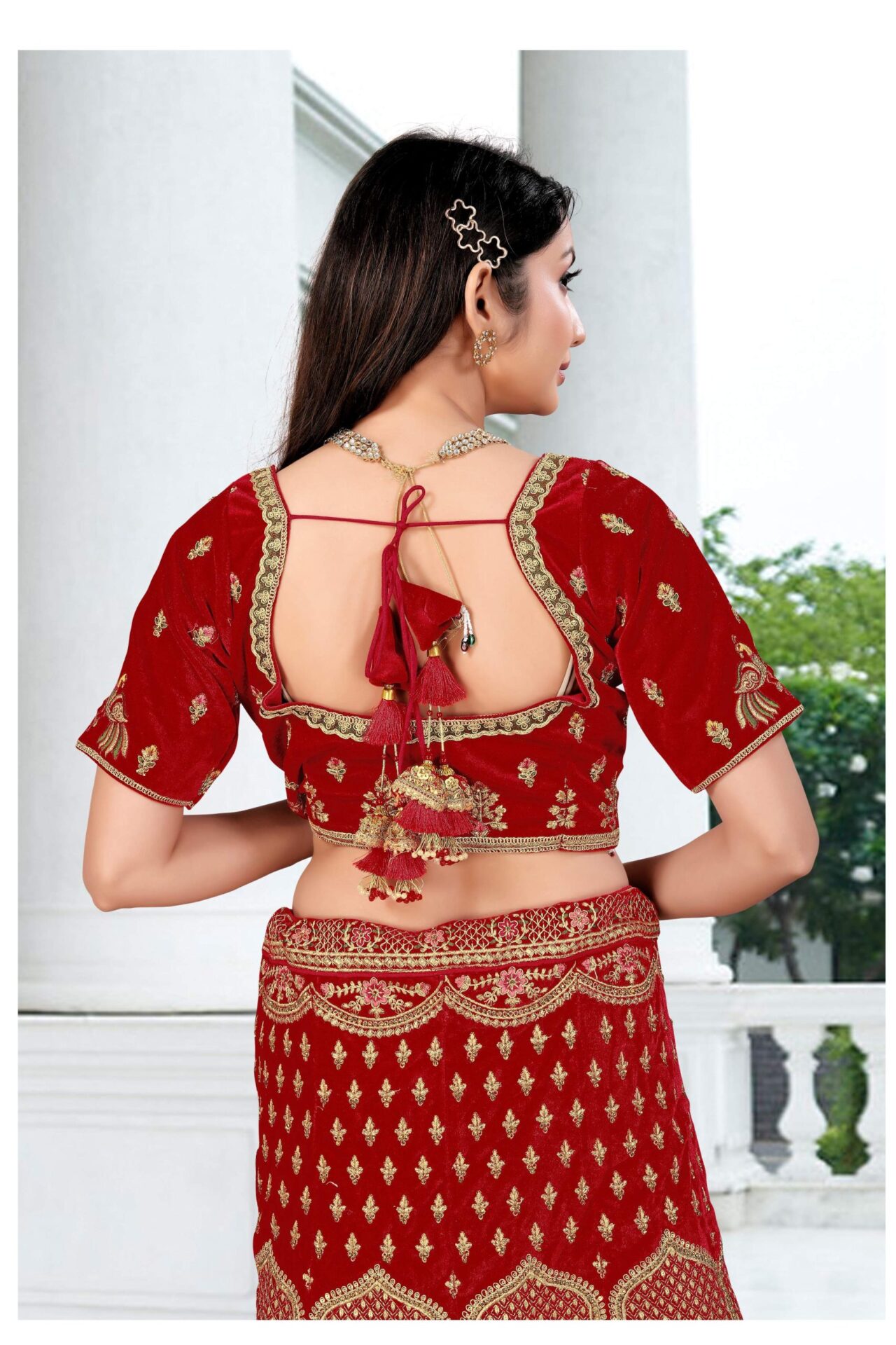 Velvet Resham Red Bridal Lehenga Choli - Image 4