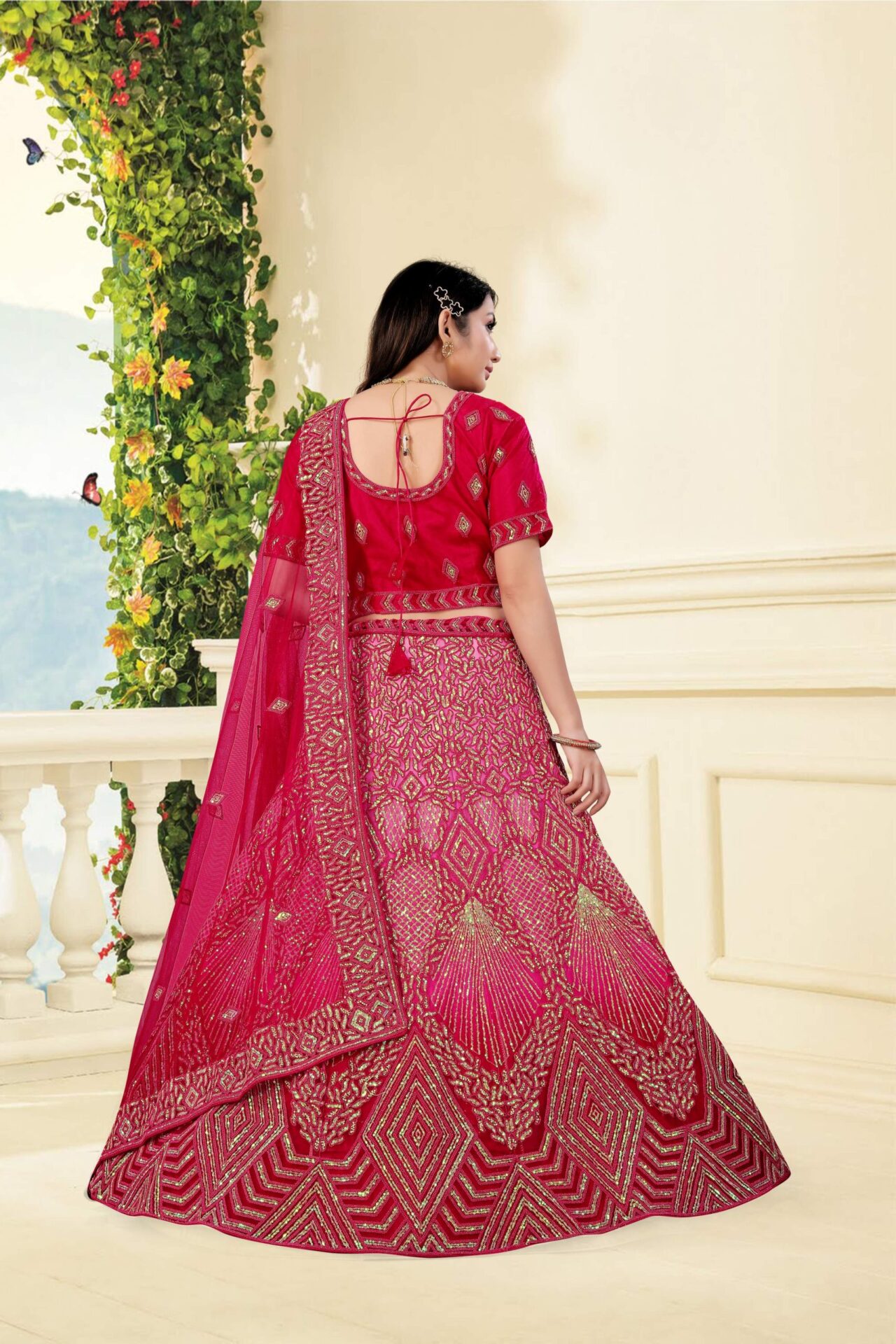 Hot Pink Bridal Embroidered Lehenga Set - Image 3