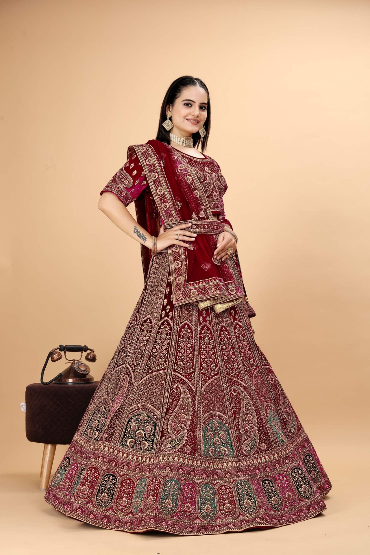 Heavy Bridal Embroidered Velvet Lehenga - Image 2