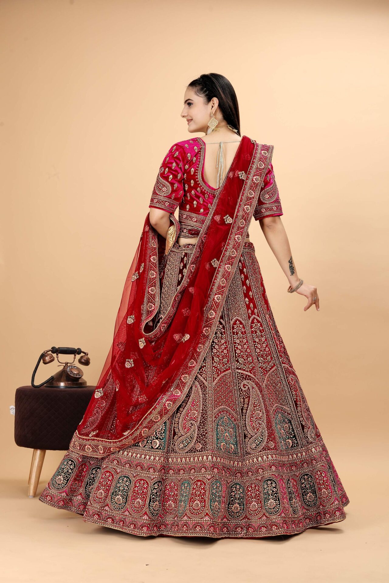 Heavy Bridal Embroidered Velvet Lehenga - Image 3