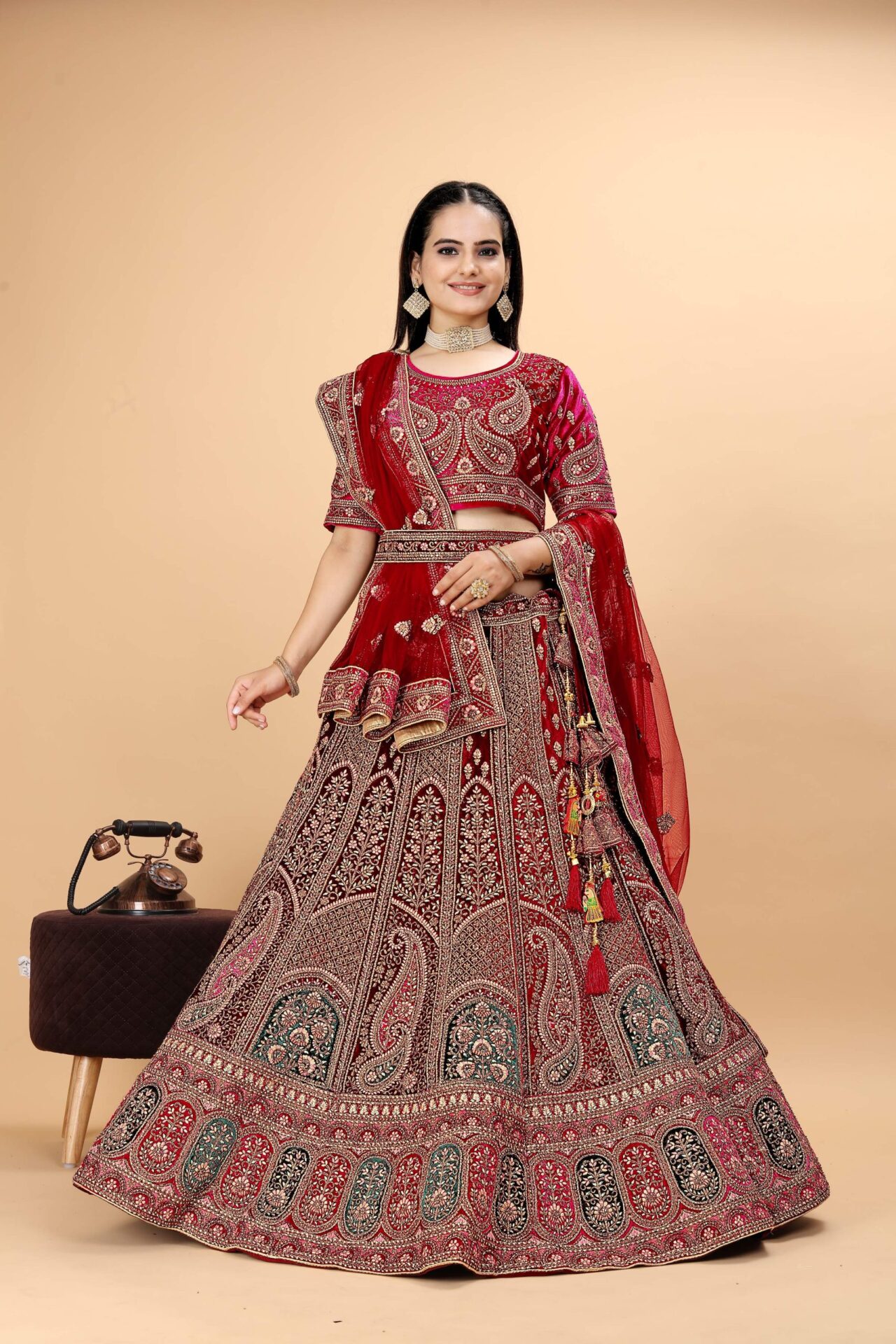 Heavy Bridal Embroidered Velvet Lehenga - Image 4