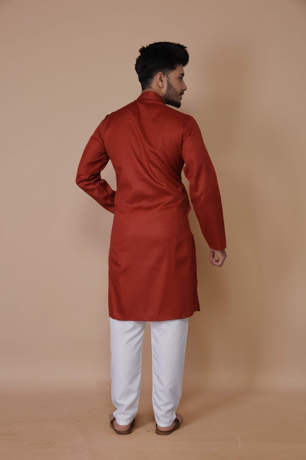 Embroidered Cotton Orange Kurta Pajama - Image 4