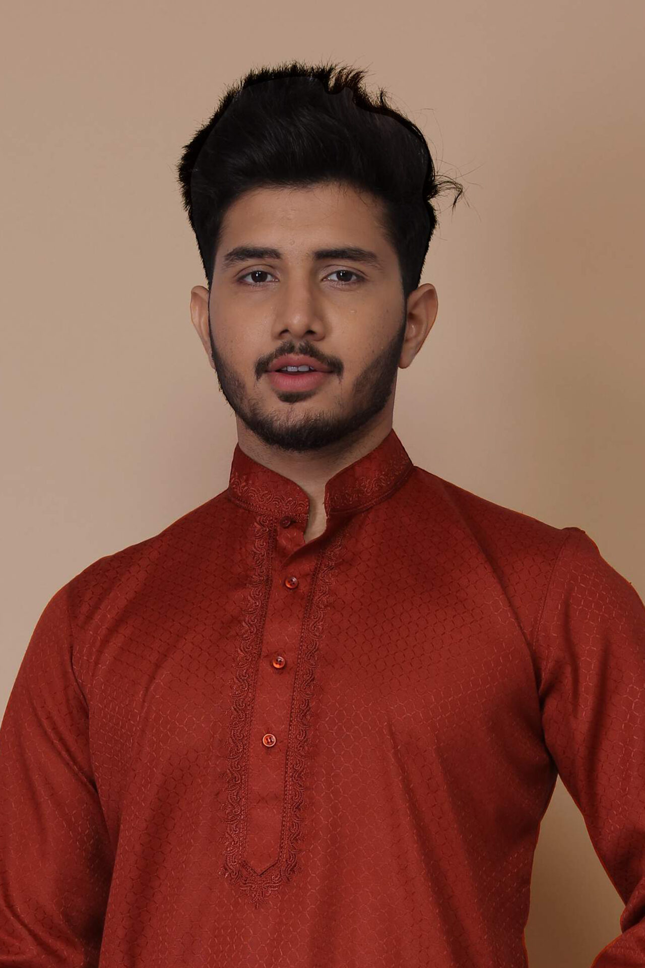 Embroidered Cotton Orange Kurta Pajama - Image 2