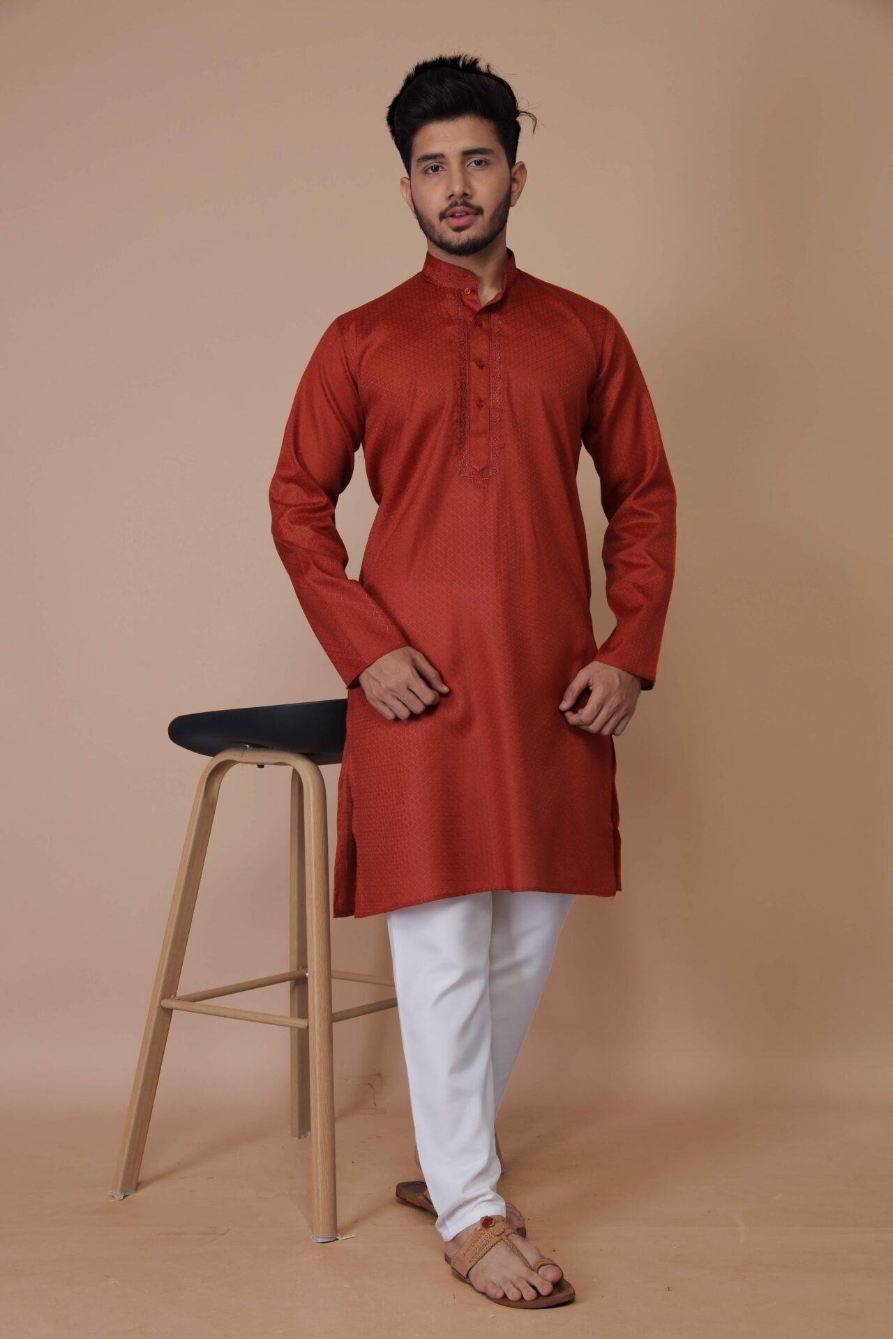 Embroidered Cotton Orange Kurta Pajama - Image 3