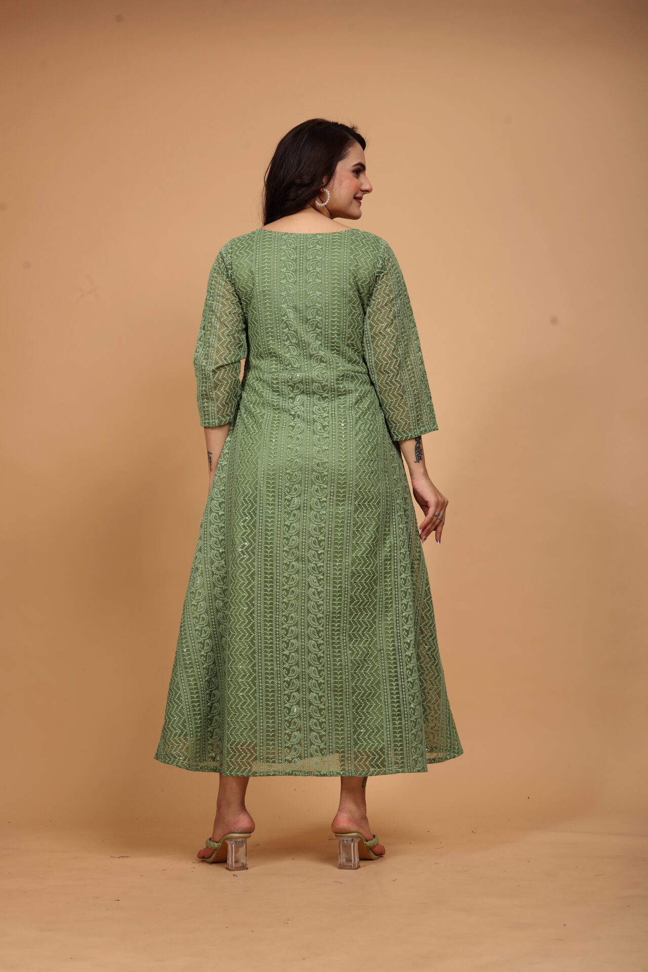 Olive Green Chikankari Anarkali Kurti Women - Image 4