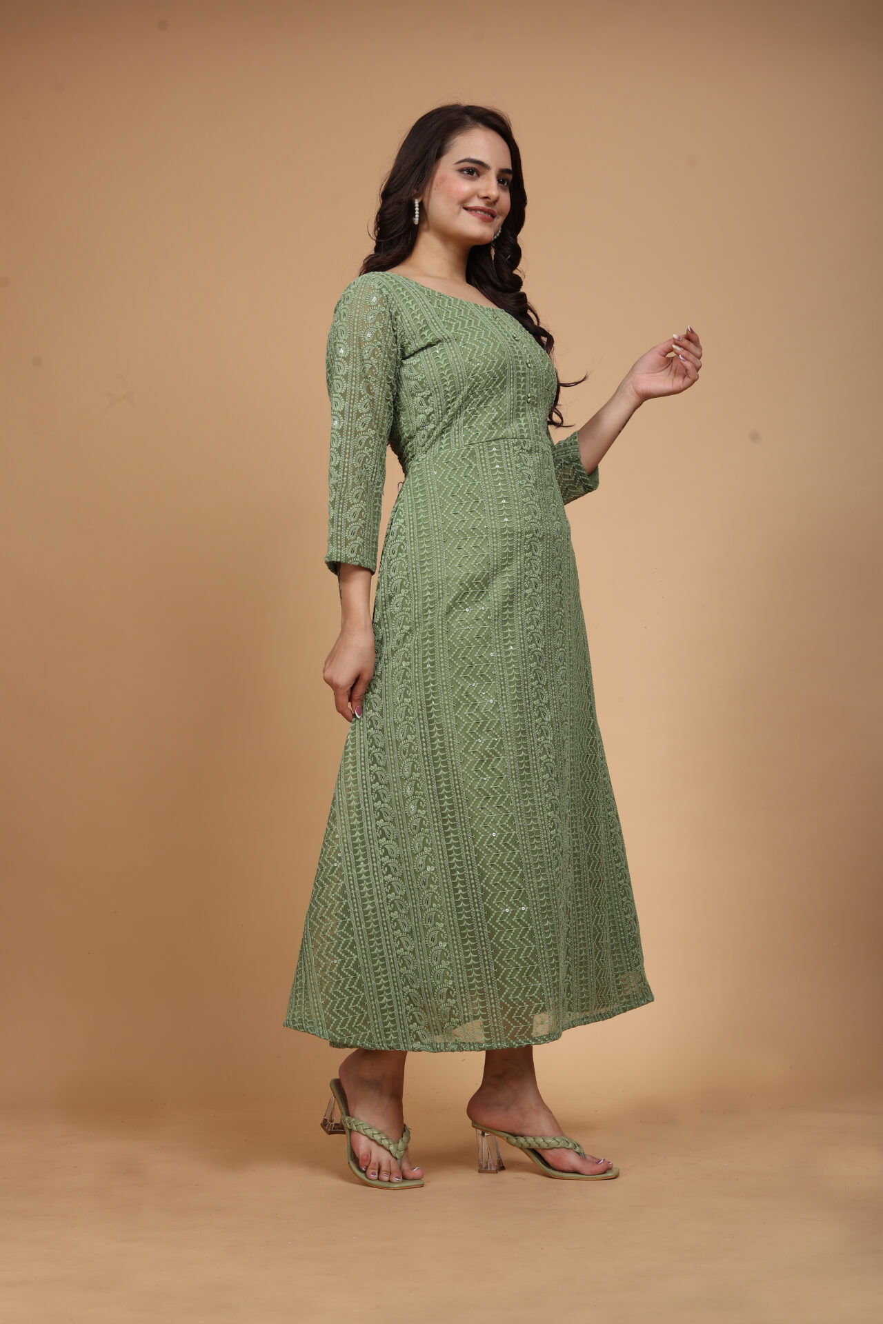 Olive Green Chikankari Anarkali Kurti Women - Image 3