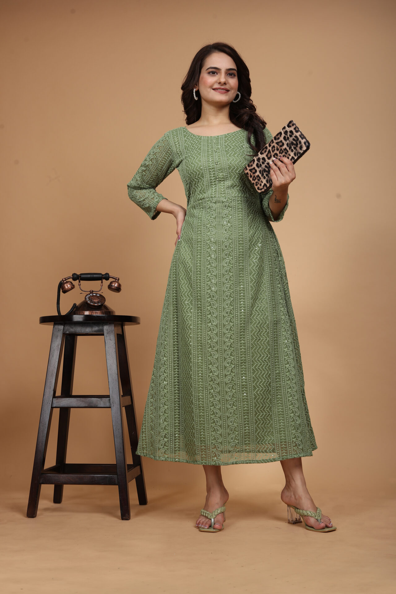 Olive Green Chikankari Anarkali Kurti Women - Image 2