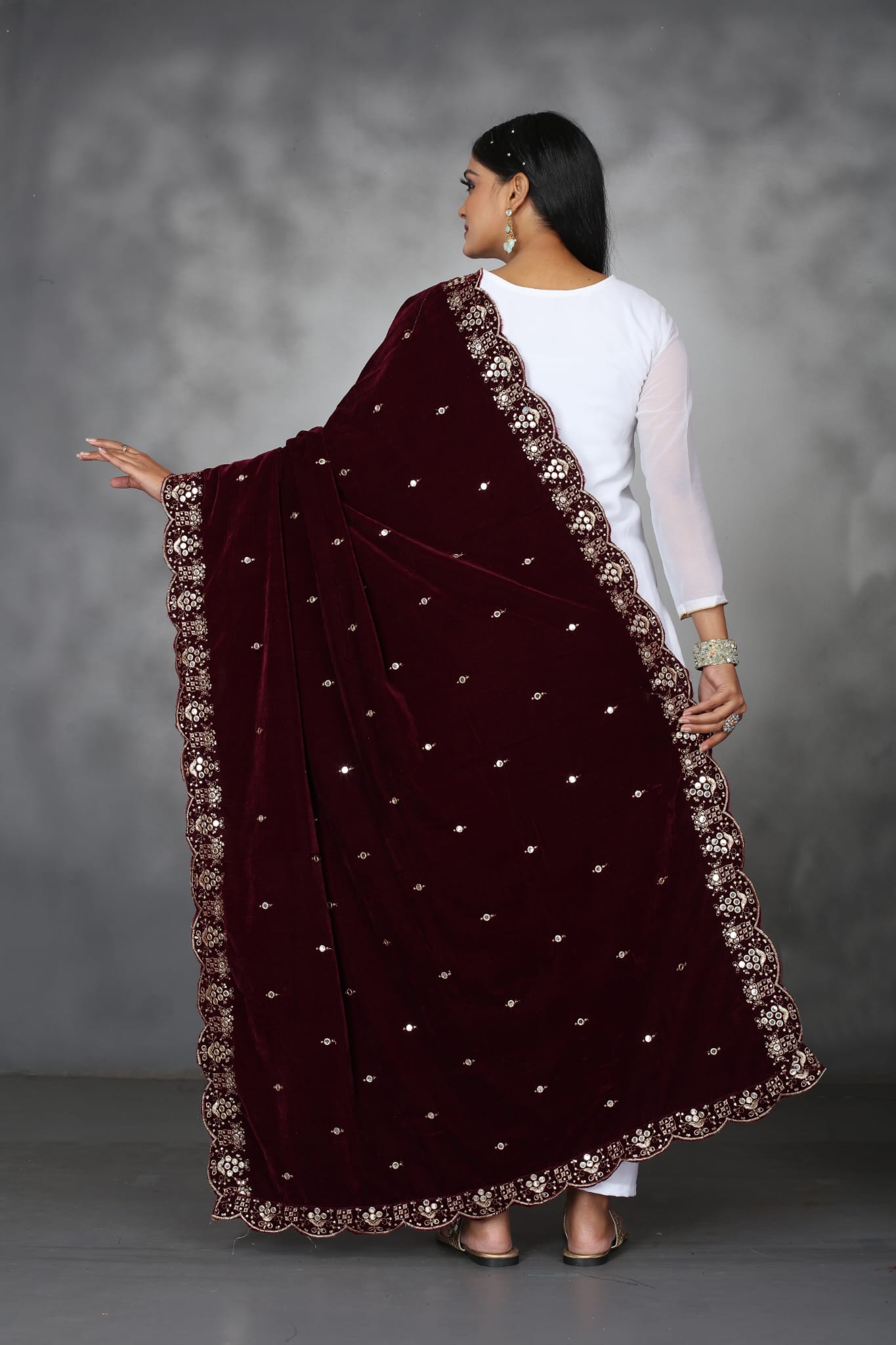 Maroon Embroidered Velvet Shawl Women - Image 2