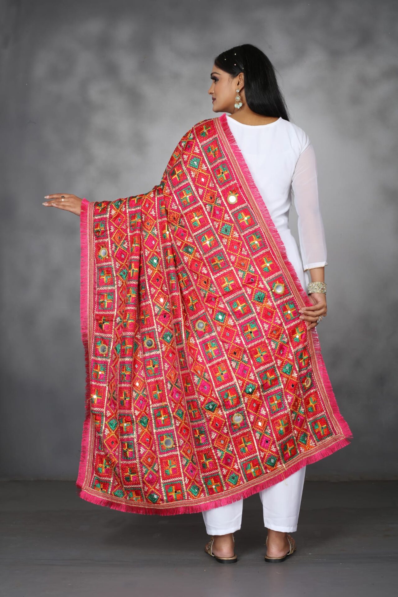 Heavy Multi Colour Mirror Work Phulkari Dupatta - Image 2