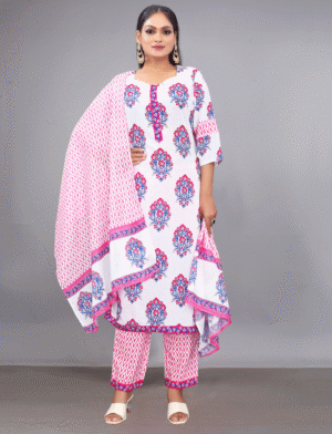 Cotton White Printed Suit