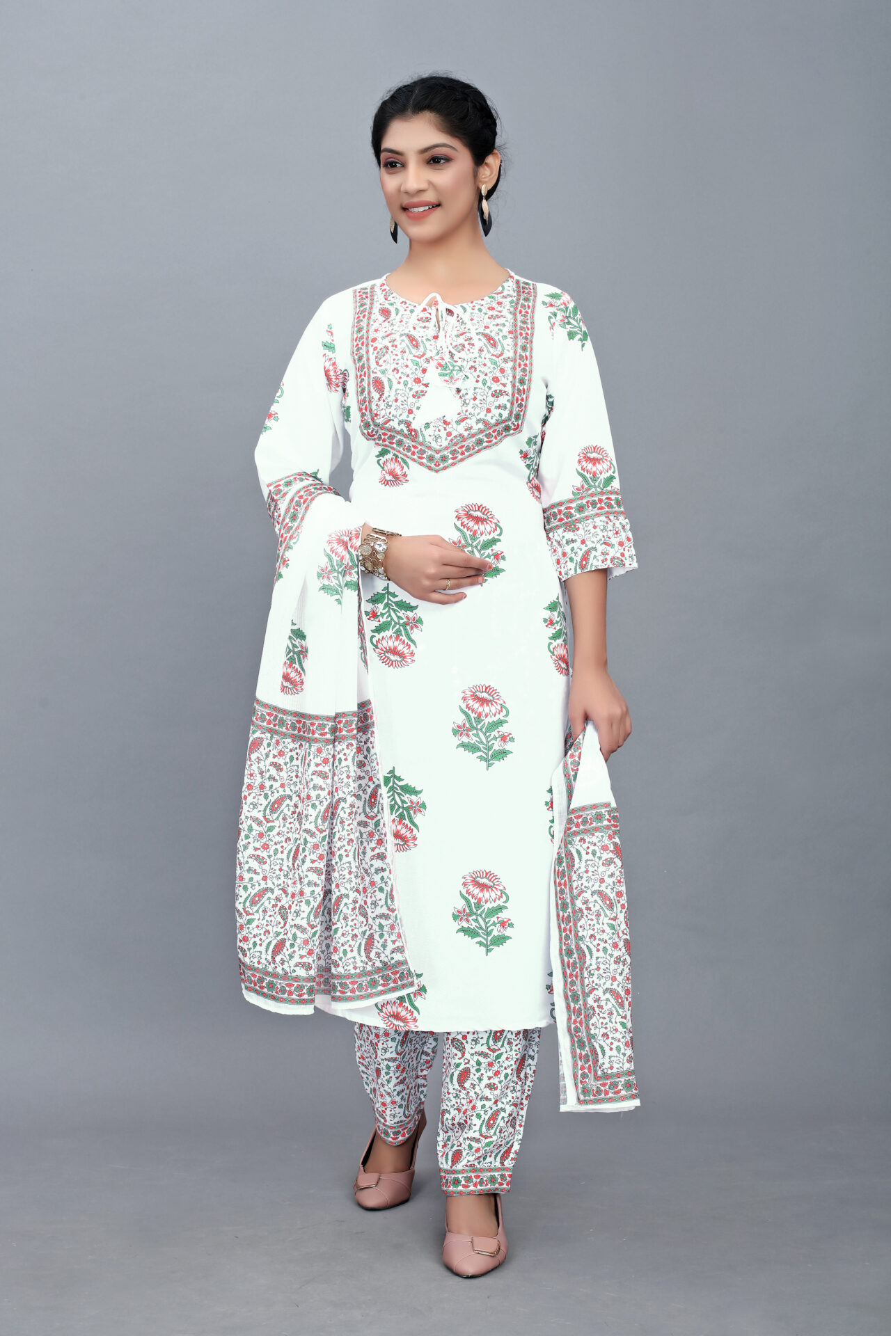 White Cotton Kurti Set Women - Image 4