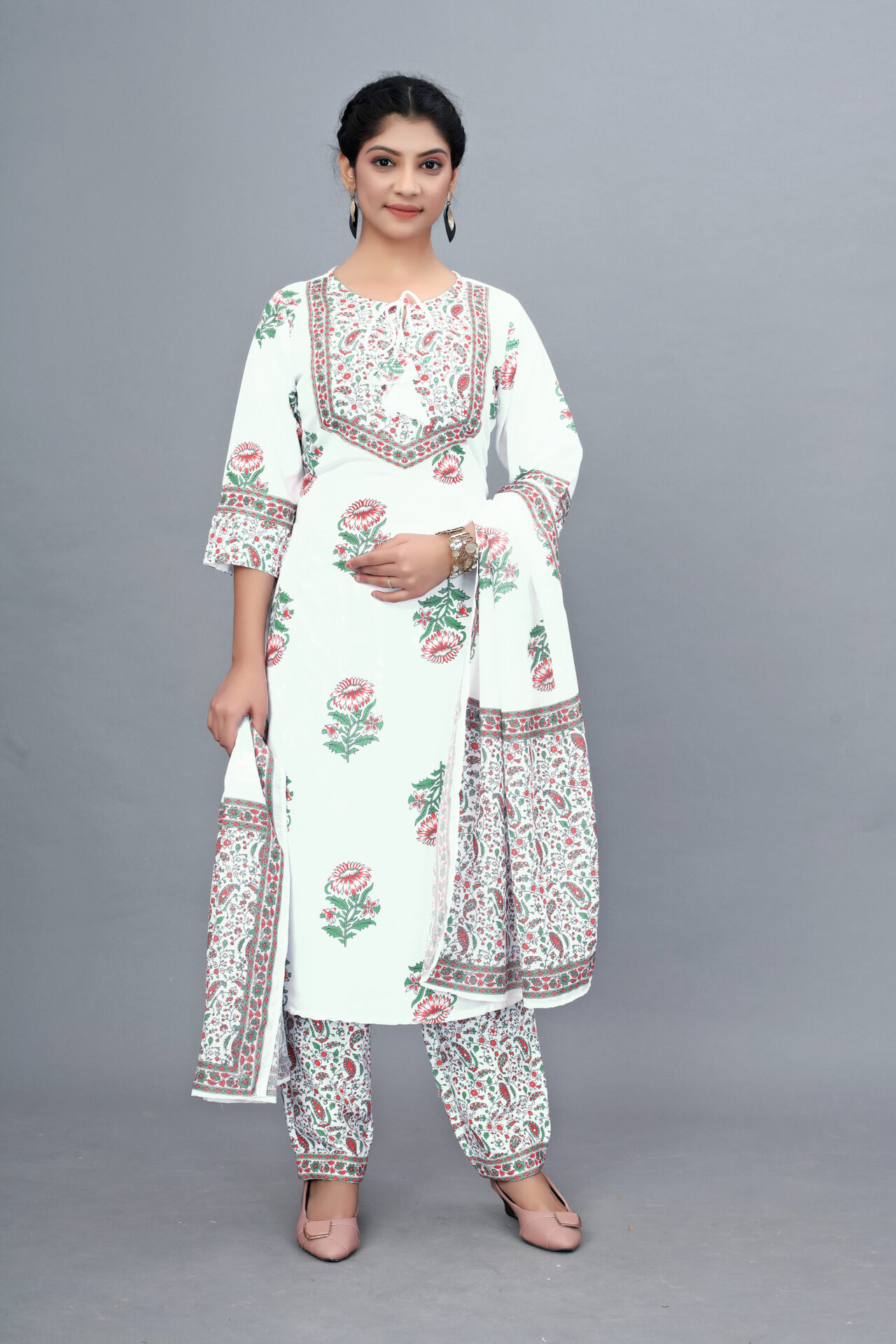 White Cotton Kurti Set Women - Image 3