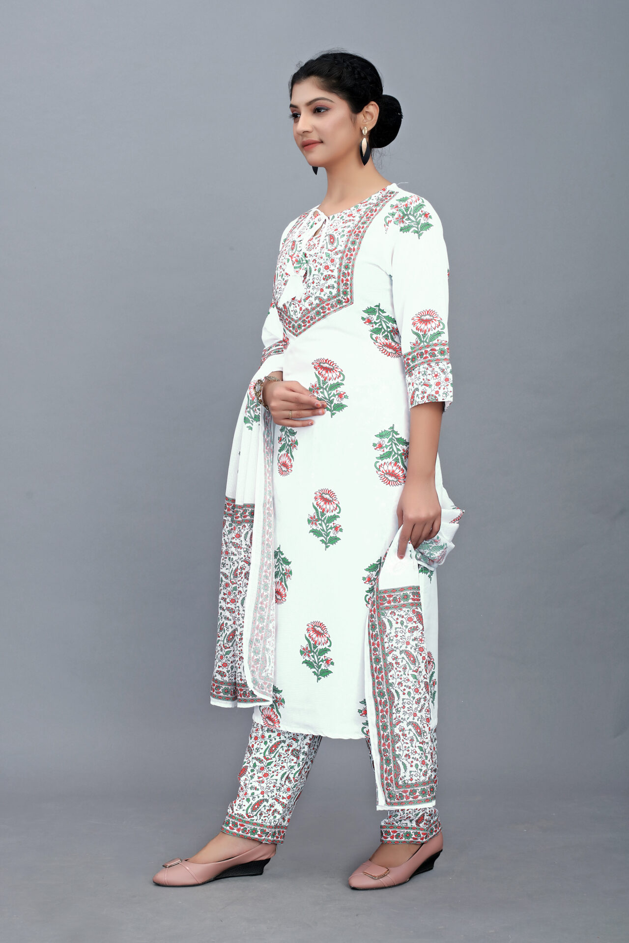 White Cotton Kurti Set Women - Image 2