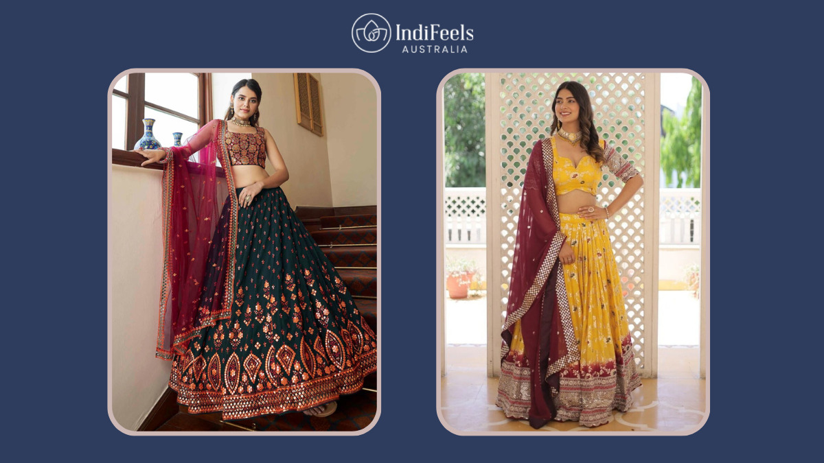 Stunning Indian lehenga in dark green and yellow with traditional embroidery, perfect for festive occasions.